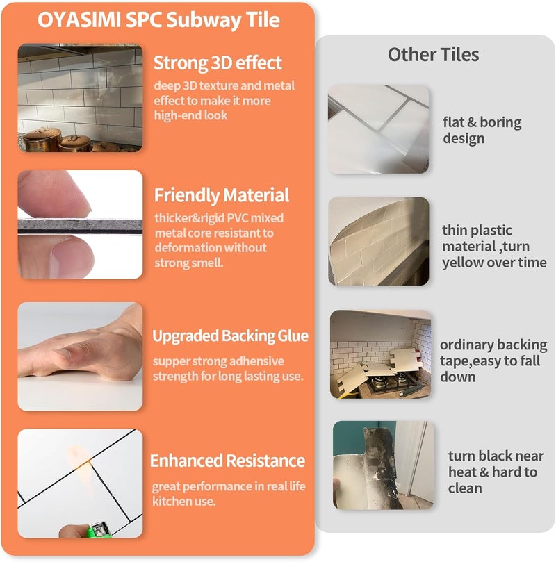 OYASIMI 10- Sheet Polished White Peel and Stick Backsplash, 12’’Luxury PVC Ceramic Look Self Stick Subway Tiles, Waterproof Peel and Stick Wall Tiles for Kitchen and Bathrrom - Image 4